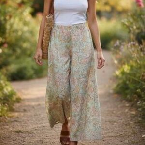 Floral Wide-Leg Pants in Mint & Peach — Lightweight Summer Style
